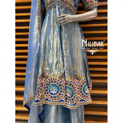 Blue Organza Palazzo With Centre Cut Short Anarkali Suit