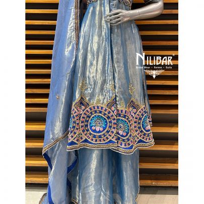 Blue Organza Palazzo With Centre Cut Short Anarkali Suit