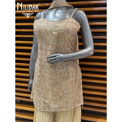 Light Ivory Net Top Paired With Crepe Palazzo Suit