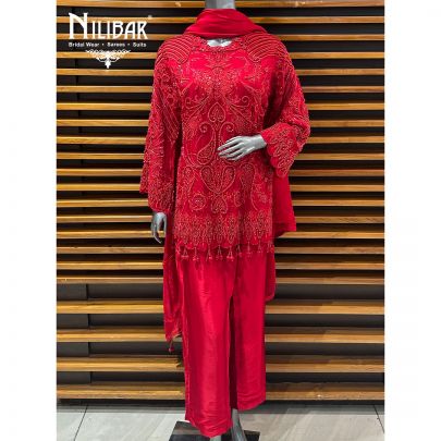 Red Organza Top Paired With Silk Bottom Pant Suit