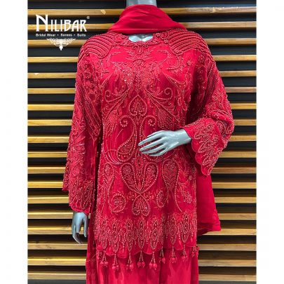 Red Organza Top Paired With Silk Bottom Pant Suit