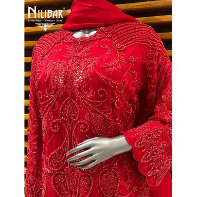 Red Organza Top Paired With Silk Bottom Pant Suit