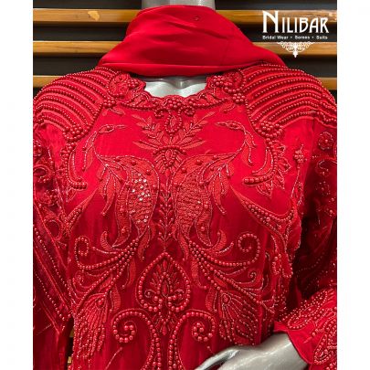 Red Organza Top Paired With Silk Bottom Pant Suit