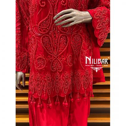 Red Organza Top Paired With Silk Bottom Pant Suit