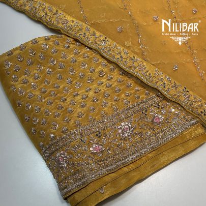 Mustard Yellow Lamé Silk With Net Dupatta Unstitched Suit