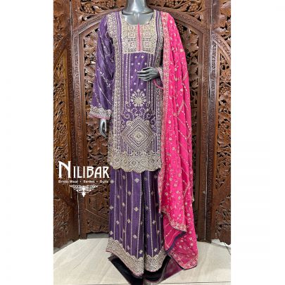 Purple & Pink Chinon Flared Palazzo Suit
