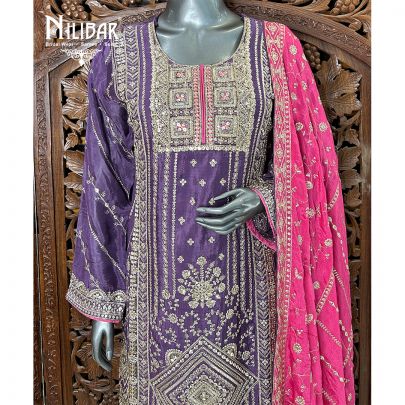 Purple & Pink Chinon Flared Palazzo Suit