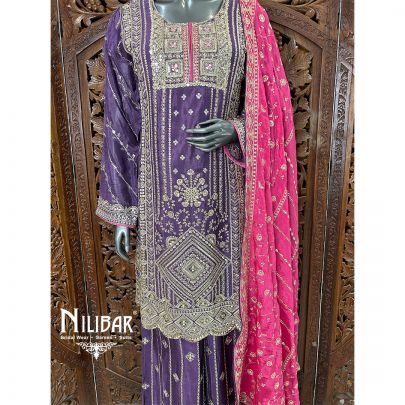 Purple & Pink Chinon Flared Palazzo Suit