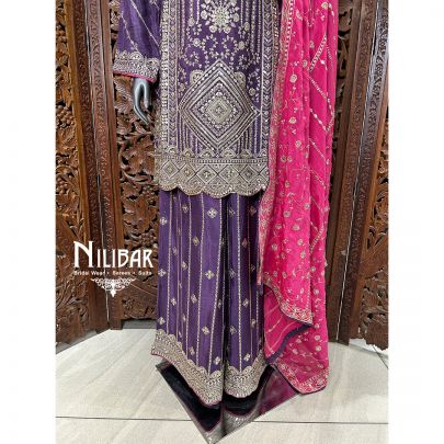 Purple & Pink Chinon Flared Palazzo Suit