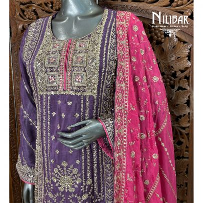 Purple & Pink Chinon Flared Palazzo Suit