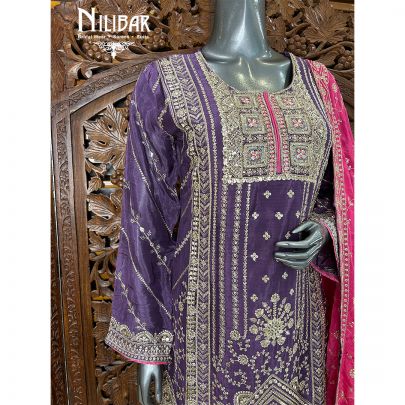 Purple & Pink Chinon Flared Palazzo Suit