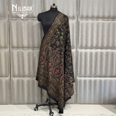 Pure Black Pashmina Embroidered Shawls