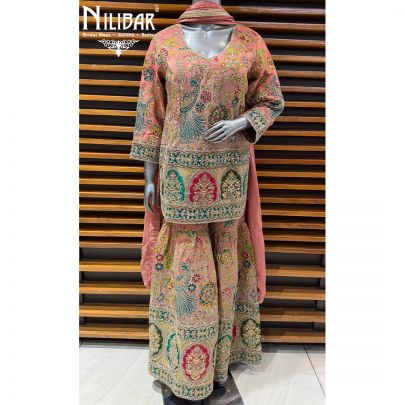 Peach Crepe Short Shirt Paired With Garara & Dupatta