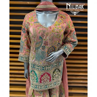 Peach Crepe Short Shirt Paired With Garara & Dupatta