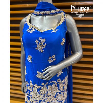 Royal Blue Chinnon Short Shirt Paired With Garara & Dupatta