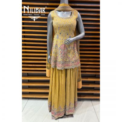 Beige Crepe Short Shirt Paired With Jaffa & Net Dupatta