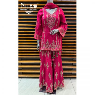 Mehroon Silk Short Shirt Paired With Jaffa & Dupatta