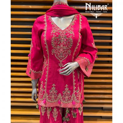 Mehroon Silk Short Shirt Paired With Jaffa & Dupatta