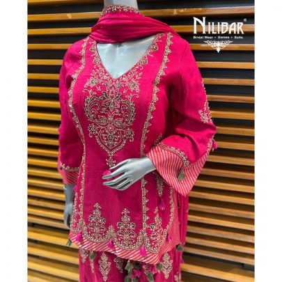 Mehroon Silk Short Shirt Paired With Jaffa & Dupatta