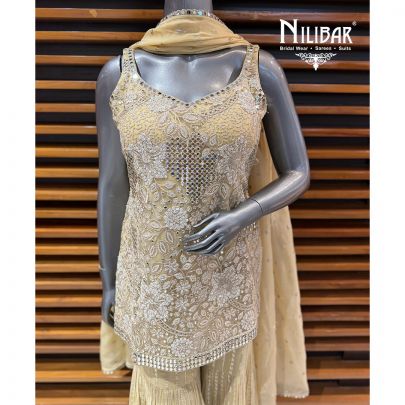 Cream Georgette Short Shirt Paired With Garara & Organza Dupatta