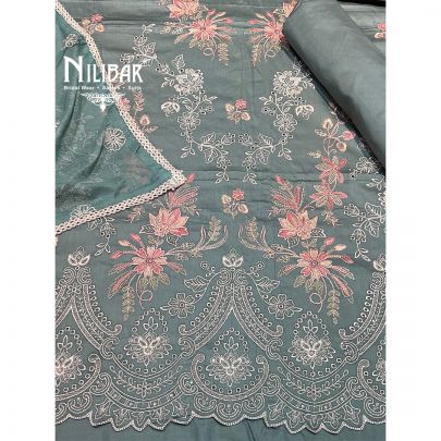 Turquoise Blue Cotton Unstitched Suit