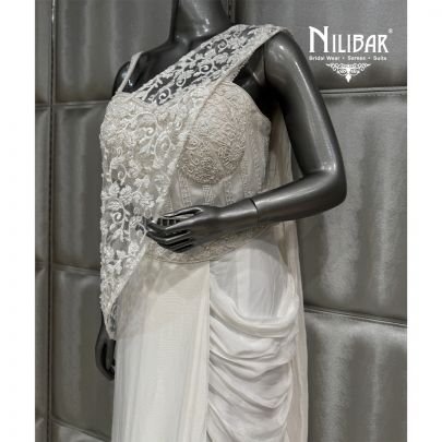 White Chinnon Net Crop Top with Pleated Drape Saree
