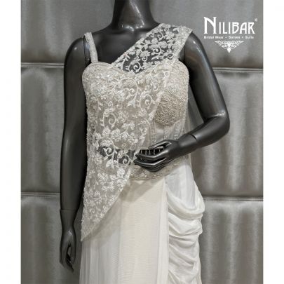 White Chinnon Net Crop Top with Pleated Drape Saree