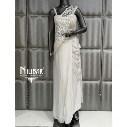 White Chinnon Net Crop Top with Pleated Drape Saree