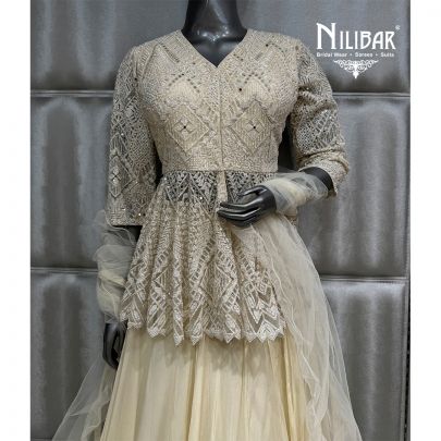 Ivory Organza Soft Net Peplum Top Paired with Lehenga & Dupatta