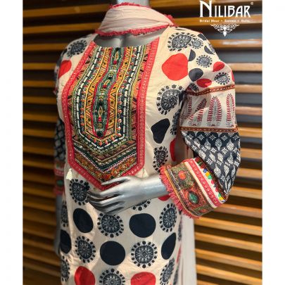 Ivory & Peach Cotton Printed Neck Line Shirt Paired With Farshi Salwar & Chinnon Dupatta