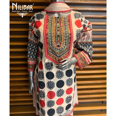 Ivory & Peach Cotton Printed Neck Line Shirt Paired With Farshi Salwar & Chinnon Dupatta