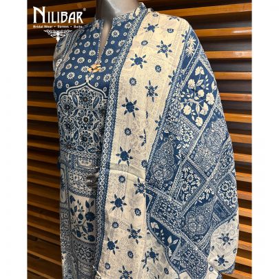 Moon Blue Muslin Cotton Long Shirt Paired With Pants & Dupatta