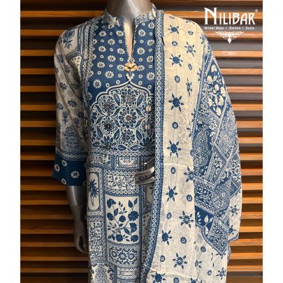 Moon Blue Muslin Cotton Long Shirt Paired With Pants & Dupatta