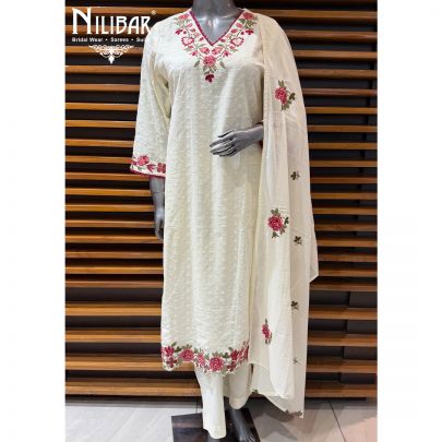 Ivory Cotton Long Shirt Paired With Pants & Dupatta
