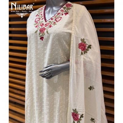 Ivory Cotton Long Shirt Paired With Pants & Dupatta