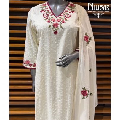 Ivory Cotton Long Shirt Paired With Pants & Dupatta
