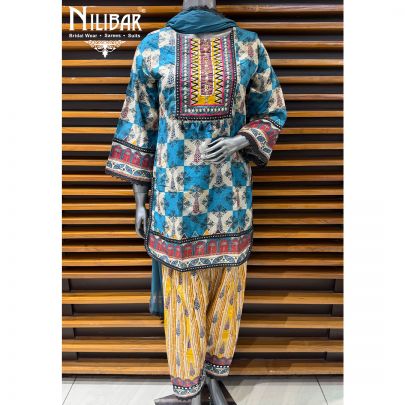 Blue Cotton Printed Neck Line Shirt Paired With Farshi Salwar & Chinnon Dupatta