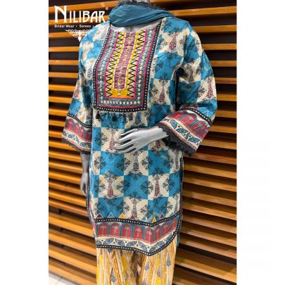 Blue Cotton Printed Neck Line Shirt Paired With Farshi Salwar & Chinnon Dupatta