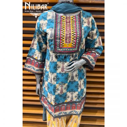 Blue Cotton Printed Neck Line Shirt Paired With Farshi Salwar & Chinnon Dupatta