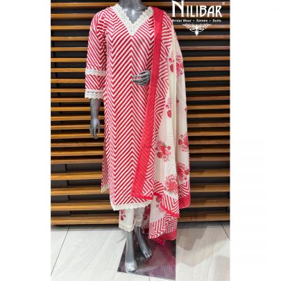 White & Red Cotton Printed Straight Shirt Paired With Pants & Dupatta