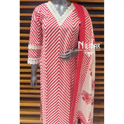 White & Red Cotton Printed Straight Shirt Paired With Pants & Dupatta