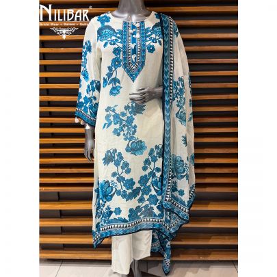 White & Blue Georgette Printed A Line Shirt Paired With Straight Salwar & Dupatta
