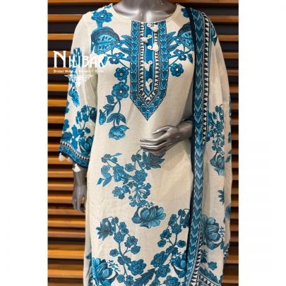 White & Blue Georgette Printed A Line Shirt Paired With Straight Salwar & Dupatta
