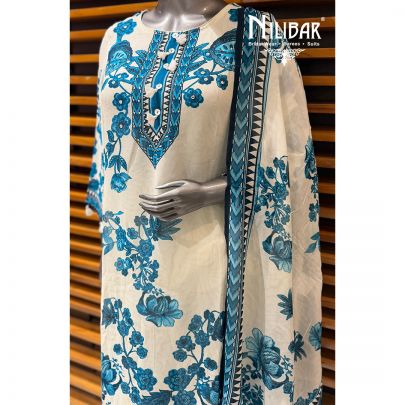 White & Blue Georgette Printed A Line Shirt Paired With Straight Salwar & Dupatta