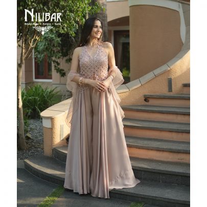 Peach Net Top Paired With Jaffa Pants & Net Ruffle Dupatta