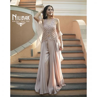 Peach Net Top Paired With Jaffa Pants & Net Ruffle Dupatta