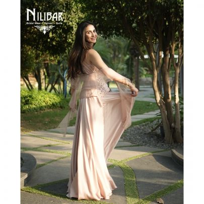 Peach Net Top Paired With Jaffa Pants & Net Ruffle Dupatta