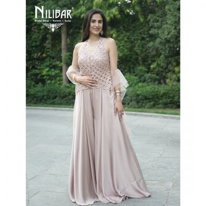 Peach Net Top Paired With Jaffa Pants & Net Ruffle Dupatta