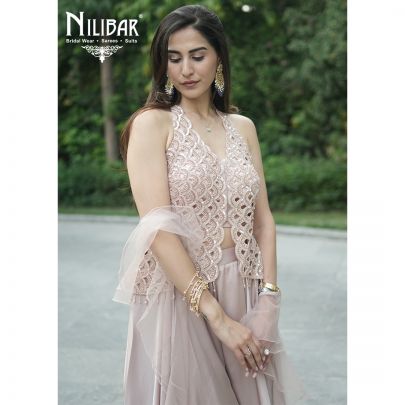 Peach Net Top Paired With Jaffa Pants & Net Ruffle Dupatta