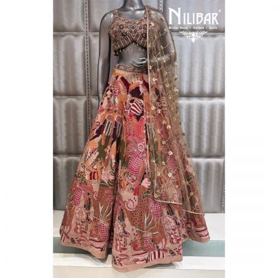 Brown Net Printed Lehenga